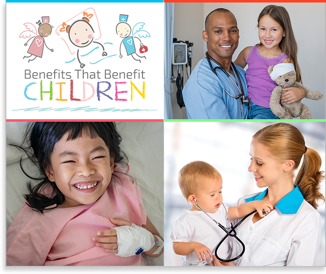 Benefits that Benefit Children logo and montage of hospitalized children